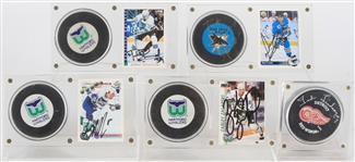 1990s Hockey Signed Trading Card Displays & Puck - Lot of 5 w/ Ted Lindsay, Geoff Sanderson, Zarley Zalapski, Robert Petrovicky and Dean Evason (JSA) 
