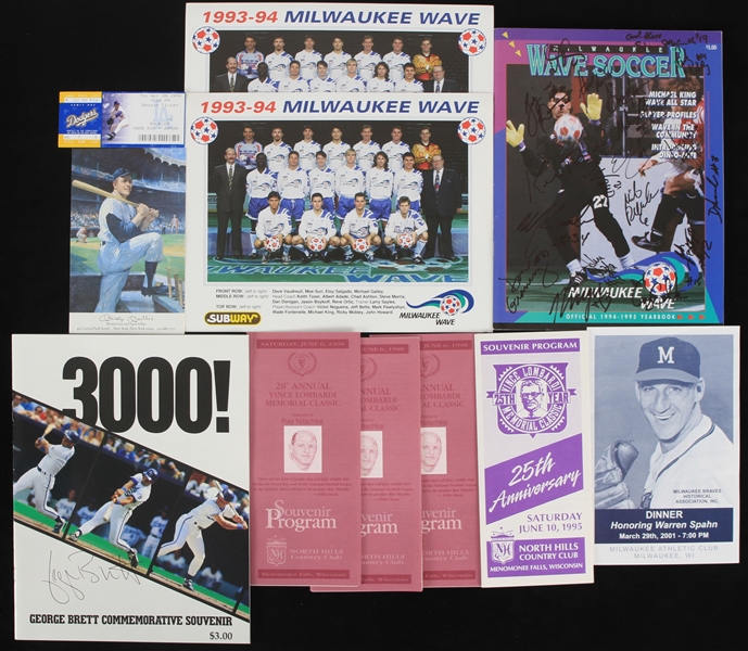 1990s-2000s Baseball Football Soccer Memorabilia Collection - Lot of 11 w/ Mickey Mantle Restaurant Postcard, Vince Lombardi Classic Programs & More 