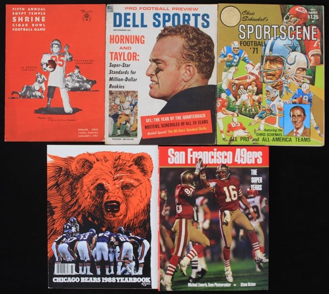 1951-89 Football Publication Collection - Lot of 5 w/ 1951 Shrine Cigar Bowl Program, Sportscene Football 1971, SF 49ers The Super Years & More 