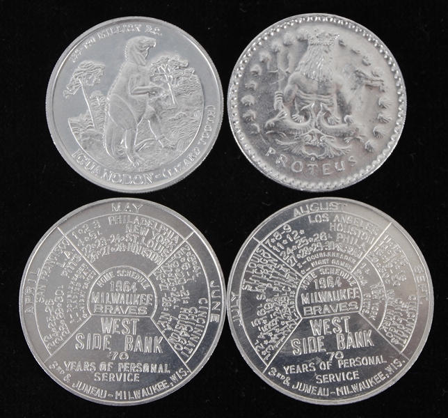 1964-1983 Milwaukee Braves Schedule Post Cereal Iguanodon and Valentine Voyager Coins (Lot of 4)