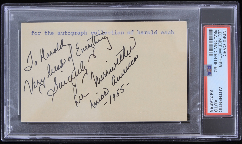 1955 Lee Meriwether Miss America and Catwomen Signed Index Card (PSA Slabbed)
