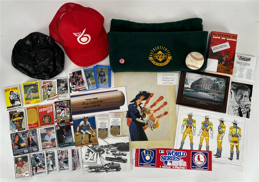 1980s-2000s Baseball Football Basketball Americana Memorabilia Collection - Lot of 150+ w/ 1982 World Series Bumper Sticker, 2007 World Series Ghost Ticket Sheet, Photos, Autographs, Trading Cards