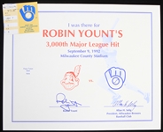 1992 Robin Yount Milwaukee Brewers 3000th Hit I Was There Certificate