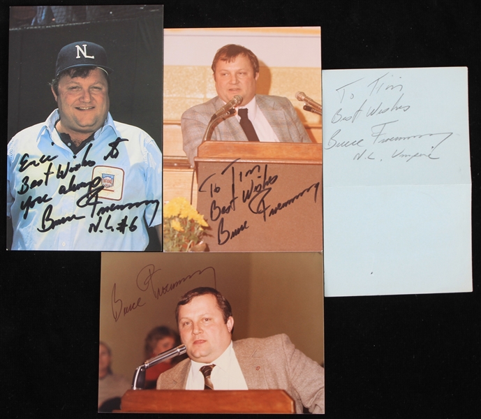 1980s Bruce Froemming NL Umpire Signed Snapshots & Slip - Lot of 4 (JSA)
