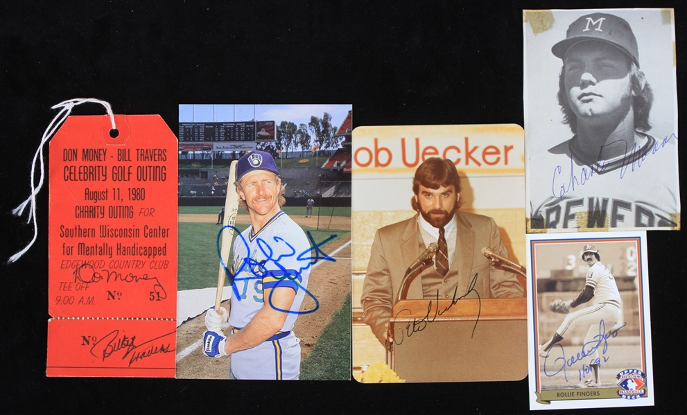 1980s-90s Milwaukee Brewers Signed Photos Trading Card & Charity Golf Outing Pass - Lot of 5 w/ Robin Yount, Rollie Fingers, Pete Vuckovich & More (JSA)