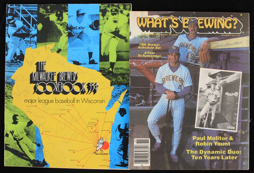 1972-87 Milwaukee Brewers Signed Publications - Lot of 2 w/ Team Signed 1972 Scorebook and Jim Gantner Signed Whats Brewing (JSA) 