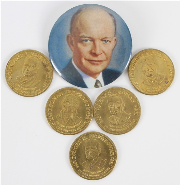 1940s-1990s Dwight Eisnehower 2" Pinback Button and Shell Oil Collectible Coins (Lot of 6)