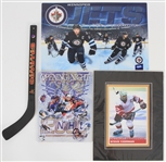 1990's-2000's Hockey Memorabilia Collection - Lot of 18 w/ Bauer Hockey Stick, 11 x 14 Matted Ed Balfour Lithograph, Practice Pucks & More