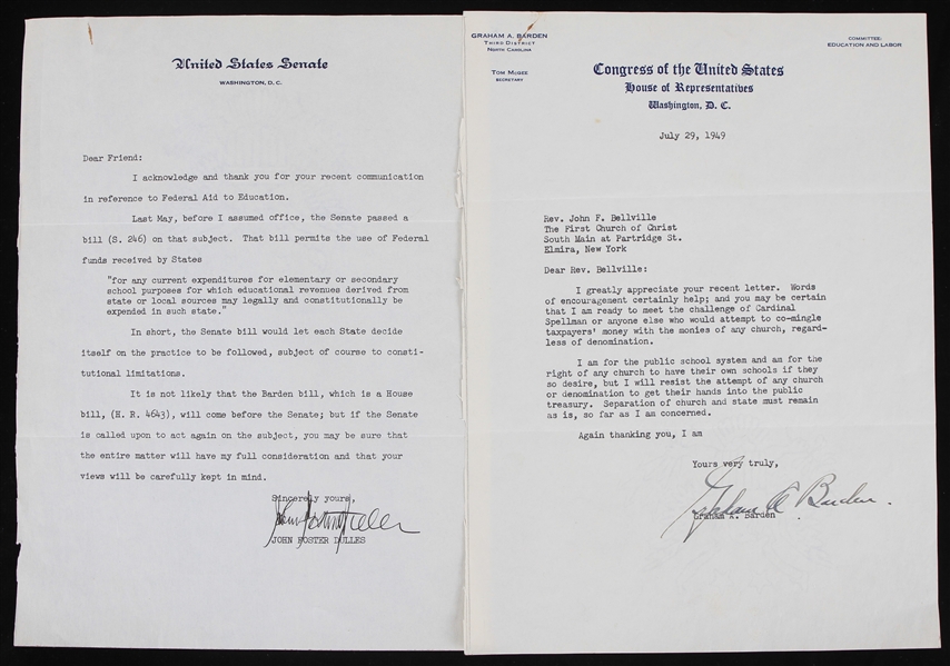1949 Graham Barden North Carolina Representative and John Dulles U.S Senator Signed Letters 