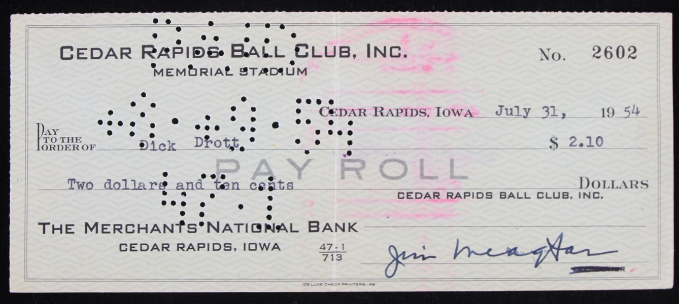 1954 Dick Drott Cedar Rapids Indians Signed Check (JSA)