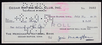 1954 Dick Drott Cedar Rapids Indians Signed Check (JSA)