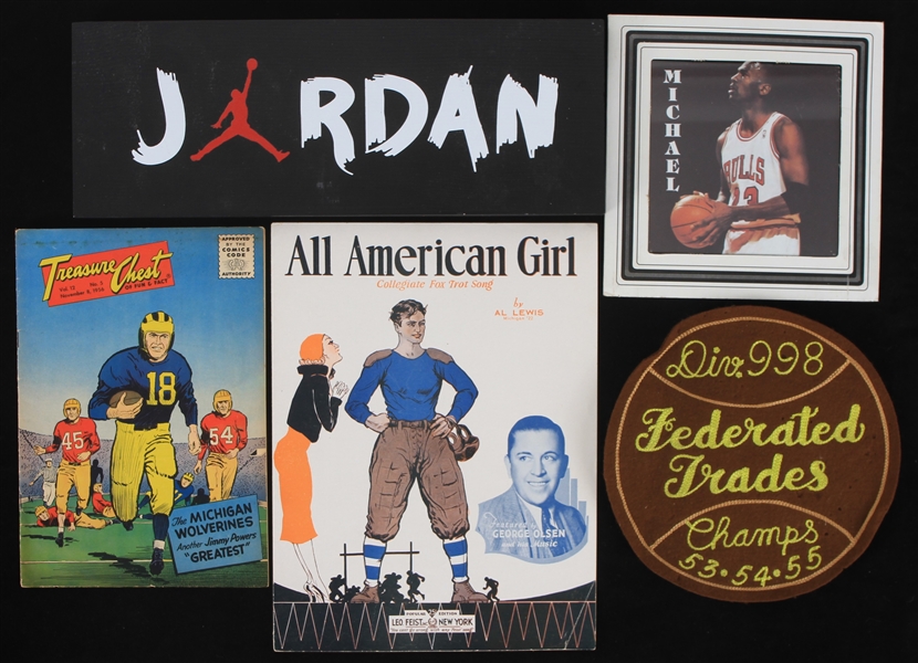 1930s-90s Basketball Football Baseball Memorabilia Collection - Lot of 5 w/ Michael Jordan Carnival Portrait, Jordan Advertising Sign & More
