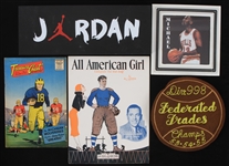 1930s-90s Basketball Football Baseball Memorabilia Collection - Lot of 5 w/ Michael Jordan Carnival Portrait, Jordan Advertising Sign & More
