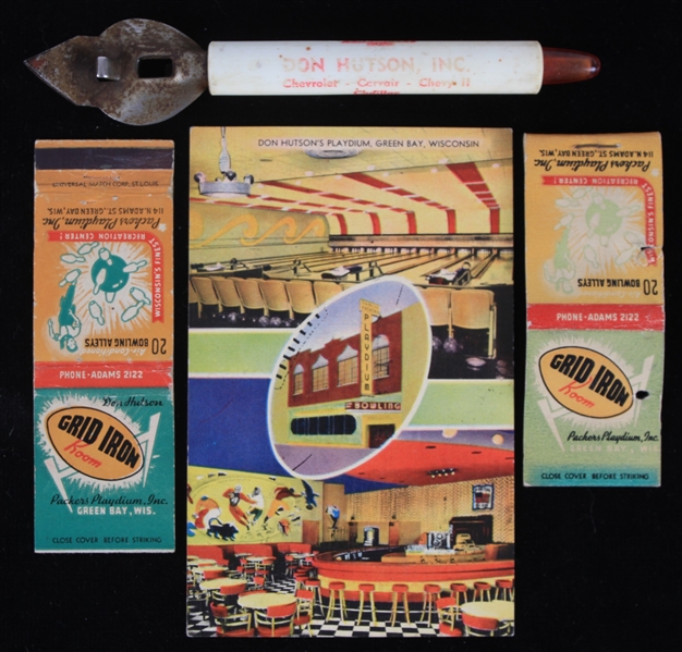 1950s-70s Don Hutson Green Bay Packers Memorabilia Collection - Lot of 4 w/ Postcard, Matchbook Covers & Bottle Opener Pen 