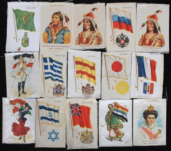 1900s Nebo Cigarettes Tobacco Silk Collection - Lot of 15 w/ Flags, Indian Chiefs & More