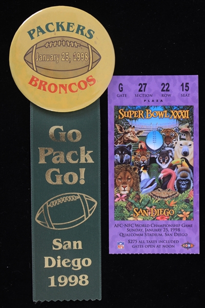 1998 Denver Broncos Green Bay Packers Super Bowl XXXII Ticket Stub & Pinback Button w/ Go Pack Go Ribbon