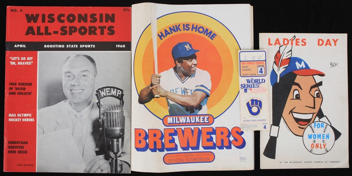 1955-82 Milwaukee Braves/Brewers Memorabilia Collection - Lot of 4 w/ Braves Ladies Day Program, Brewers Scorebook, 1982 World Series Stub & More 