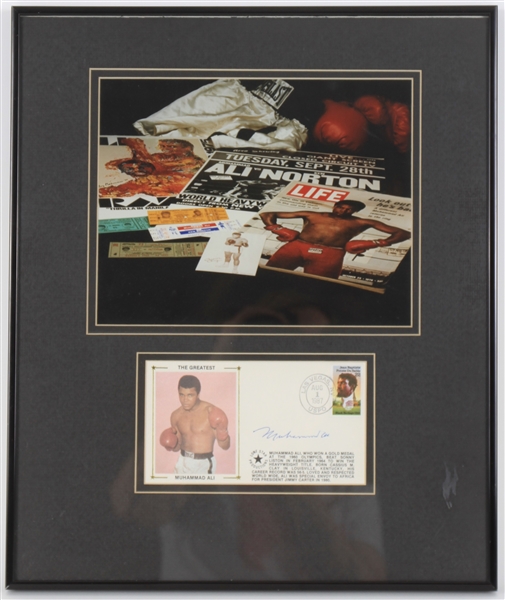 1987 Muhammad Ali World Heavyweight Champion 14" x 17" Framed Display w/ Photo & Signed First Day Envelope (JSA)