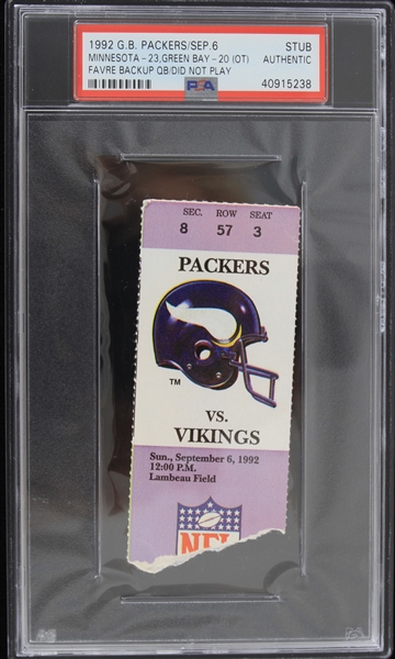 1992 Green Bay Packer vs MN Vikings Favre Backup QB Ticket Stub (PSA Slabbed)