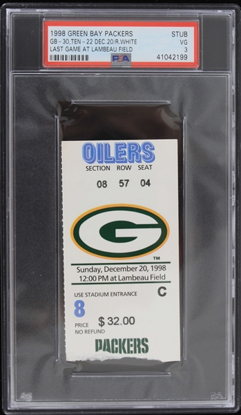 1998 Green Bay Packers Last Game at Lambeau Field Ticket Stub (PSA VG 3) 