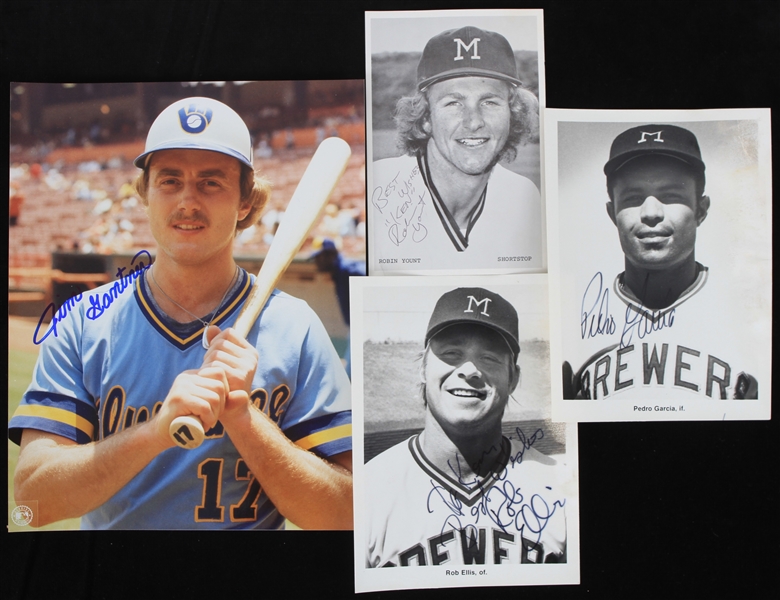 1980s Milwaukee Brewers Signed Photos - Lot of 4 w/ Robin Yount, Jim Gantner, Rob Ellis & Pedro Garcia