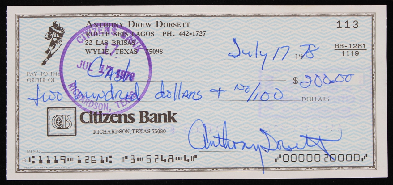 1978 Tony Dorsett Dallas Cowboys Signed Personal Check (Beckett)