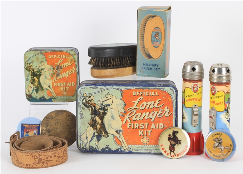 1950s The Lone Ranger Memorabilia Collection - Lot of 17 w/ First Aid Kit Tins, Flashlights, Shoe Shine Brushes, Belt, Buttons & More 