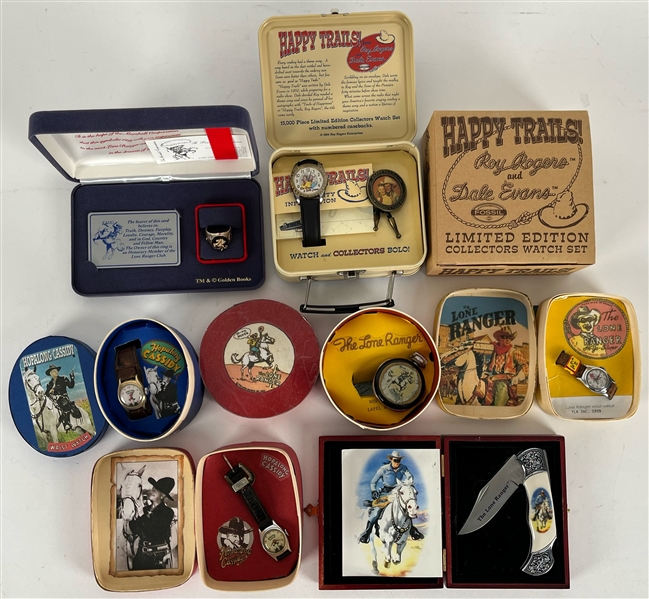 1950s-2000s Lone Ranger Hopalong Cassidy Roy Rogers Dale Evans Memorabilia - Lot of 7 w/ Watches, Knife & Ring