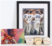 1960s-2020s Baseball Memorabilia Collection - Lot of 5 w/ Baseball, Hank Aaron LeRoy Neiman Jumbo Postcard & Jim Abbott Signed Framed Photo (Steiner)