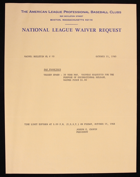 1965 Warren Spahn San Francisco Giants National League Waiver Request Bulletin