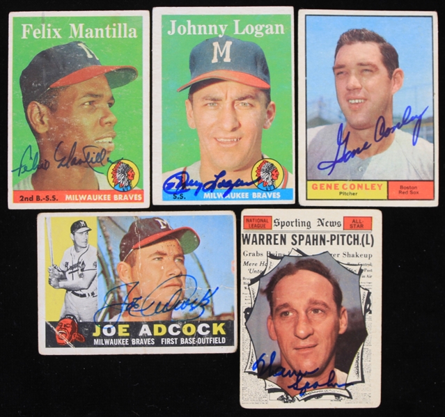 1958-1961 Felix Mantilla Johnny Logan and Warren Spahn Milwaukee Braves and More Autographed Baseball Trading Cards (JSA)(Lot of 5)