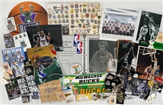 1970s-2020s Milwaukee Bucks Memorabilia Collection - Lot of Hundreds w/ Pins, Photos, 50 Seasons Tin, Publications, Signed Items & More