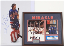 1980 USA Olympic Hockey 22" x 26" Framed Miracle Display + 20" x 30" Photo Signed & Inscribed by Goalie Jim Craig - Lot of 2 (JSA)