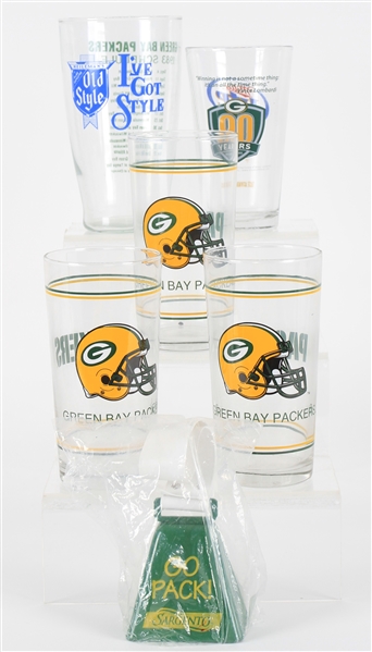 1980s-2000s Packers Memorabilia Collection w/ 1983 Old Style Schedule Glass, 90 Years Miller Lite Pint Glass, Sargento Go Pack! Cowbell & More