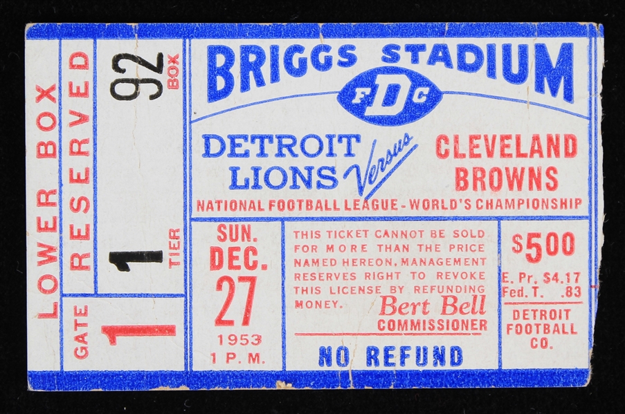 1953 Detroit Lions vs Cleveland Browns NFL Championship Game Ticket Stub