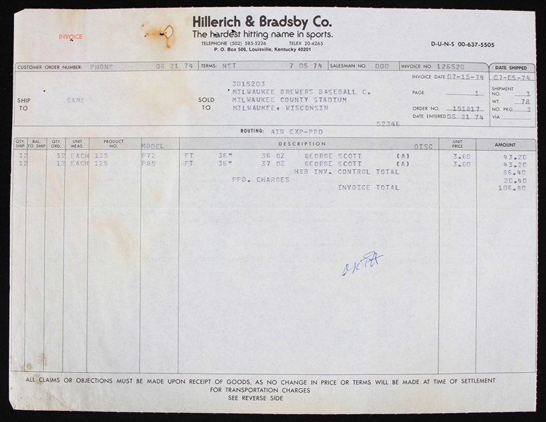 1974 George Scott Milwaukee Brewers Bat Invoice