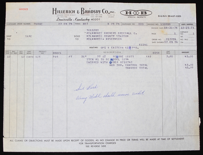 1974 George Scott Milwaukee Brewers Bat Invoice