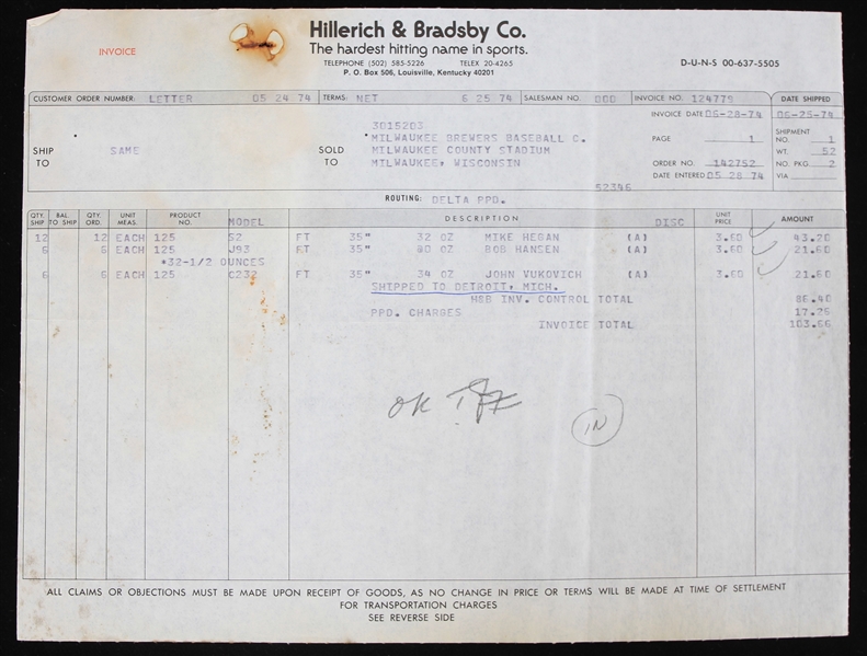 1974 Mike Hegan Bob Hansen John Vukovich Milwaukee Brewers Bat Invoice