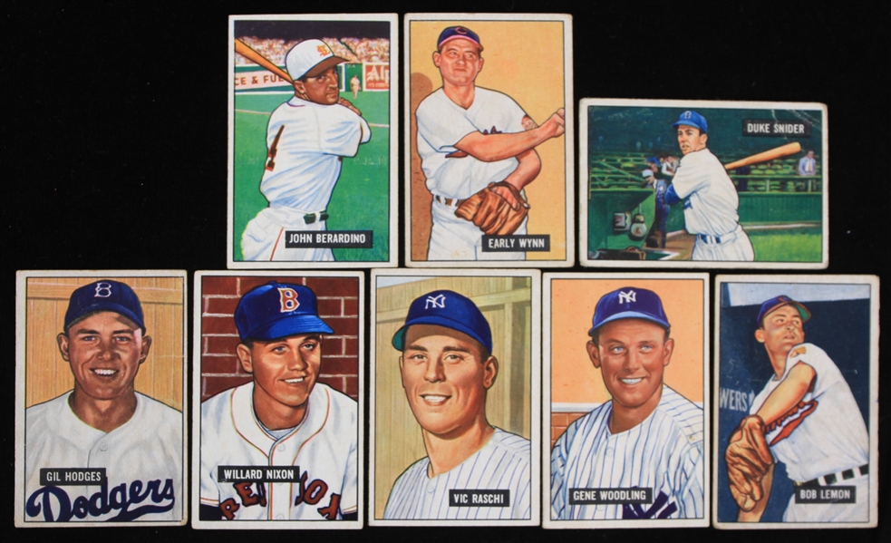 1951 Gil Hodges and Duke Snider Brooklyn Dodgers Vic Raschi New York Yankees Bob Lemon Cleveland Indians and More Bowman Trading Cards (Lot of 8)