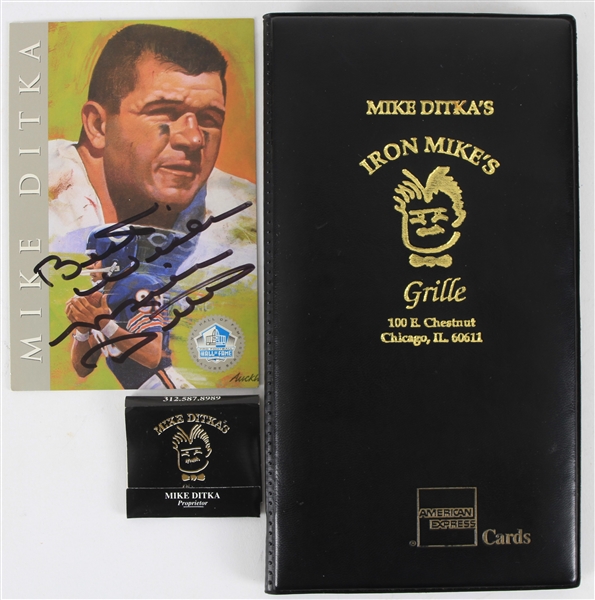 1998-2020 Mike Dikta Chicago Bears Autographed 4"x6" Hall of Fame Postcard and Mike Ditka Restaurant Items (JSA) (Lot of 3)