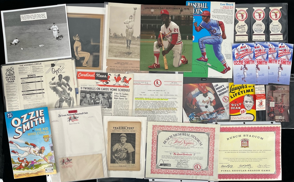 1920s-90s St. Louis Cardinals Memorabilia Collection - Lot of 25+ w/ Wire Photos, Ozzie Smith Items, Lou Brock Items, Vintage Stationary/Envelope & More