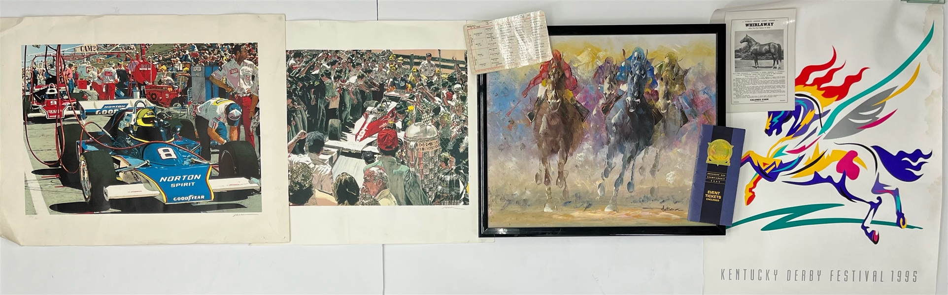 1940s-2000s Horse Racing & Auto Racing Memorabilia - Lot of 7 w/ Lithographs, Framed Painting, Whirlaway Stud Sheets & More