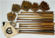 1900s-80s Vintage Baseball Equipment Collection - Lot of 18 w/ Bats, Mitts, Eye Protector, Mini Baseball & Flannel Jersey