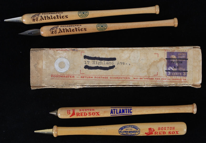 1950s Philadelphia Athletics and Boston Red Sox 5.5" Baseball Bat Pens and Pencils (Lot of 5)