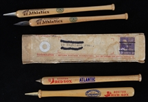 1950s Philadelphia Athletics and Boston Red Sox 5.5" Baseball Bat Pens and Pencils (Lot of 5)