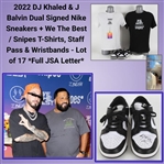 2022 DJ Khaled & J Balvin Dual Signed Nike Sneakers + We The Best / Snipes T-Shirts, Staff Pass & Wristbands - Lot of 17 *Full JSA Letter* 