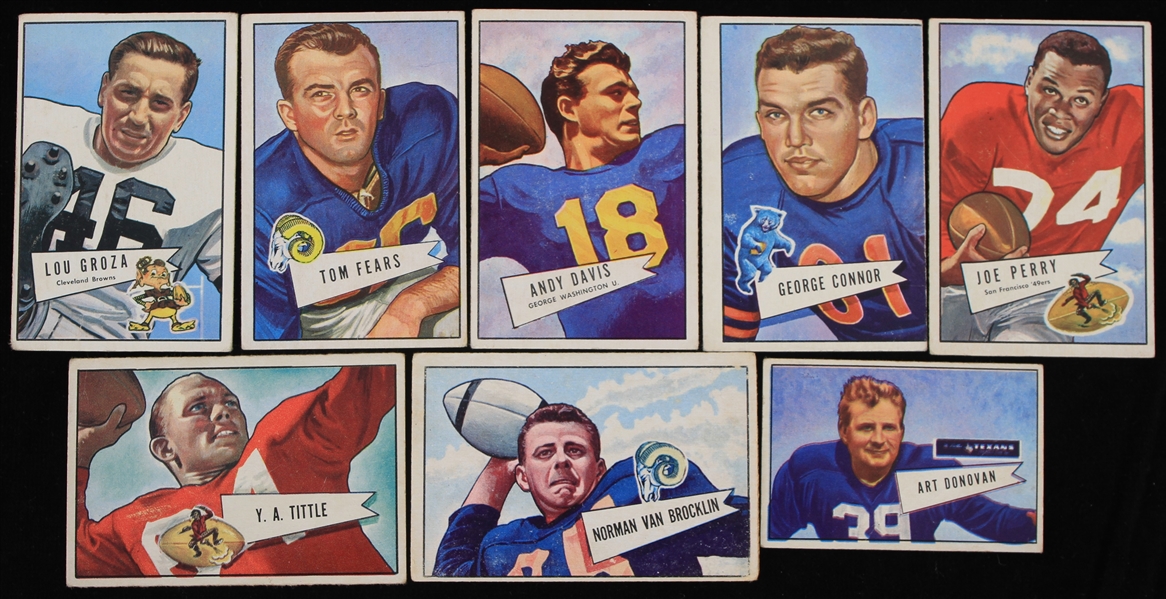 1952 Norman Van Brocklin Los Angeles Rams Y.A. Tittle San Francisco 49ers Lou Groza Cleveland Browns and More Bowman Trading Cards (Lot of 8)