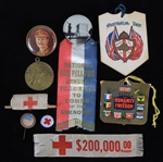 1910s-1920s Miltary Red Cross and Pilgrimage Pinback Buttons Ribbons and Tags (Lot of 9)