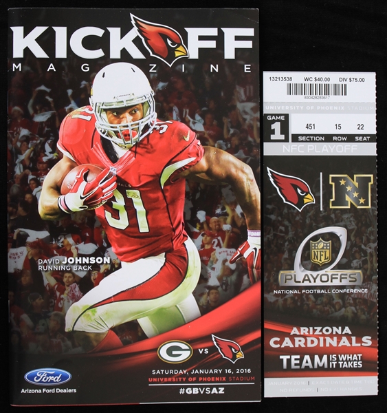 2016 Green Bay Packers vs Arizona Cardinals Kickoff Magazine and Full Playoff Ticket (Lot of 2)