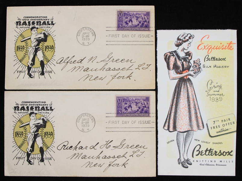 1939 100th Anniversary of Baseball Envelopes with First Day of Issue Stamps and Postmarked in Cooperstown (Lot of 2)